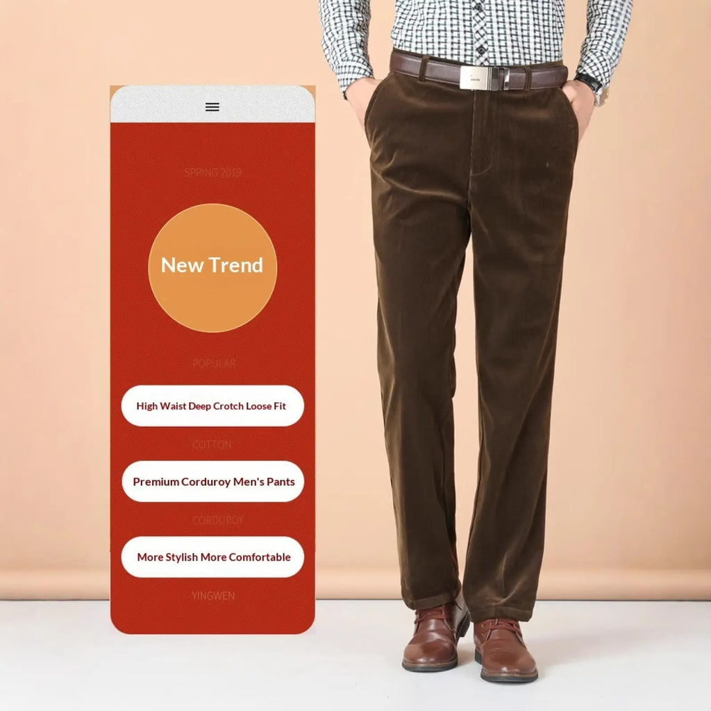 Men’s thermal fleece brown corduroy straight trousers with high waist and deep crotch loose fit design