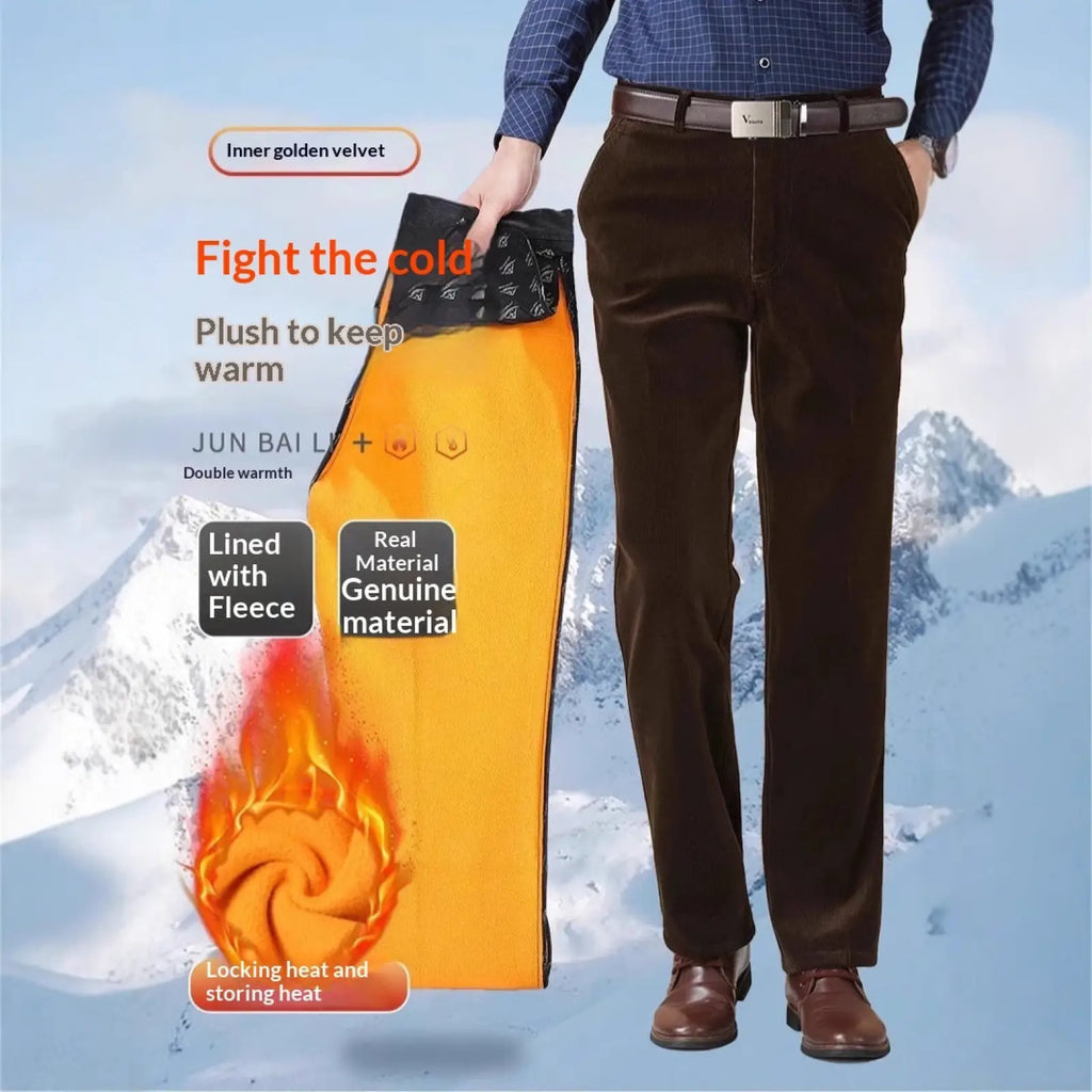 Men’s brown thermal fleece corduroy straight trousers with golden velvet inner lining for warmth