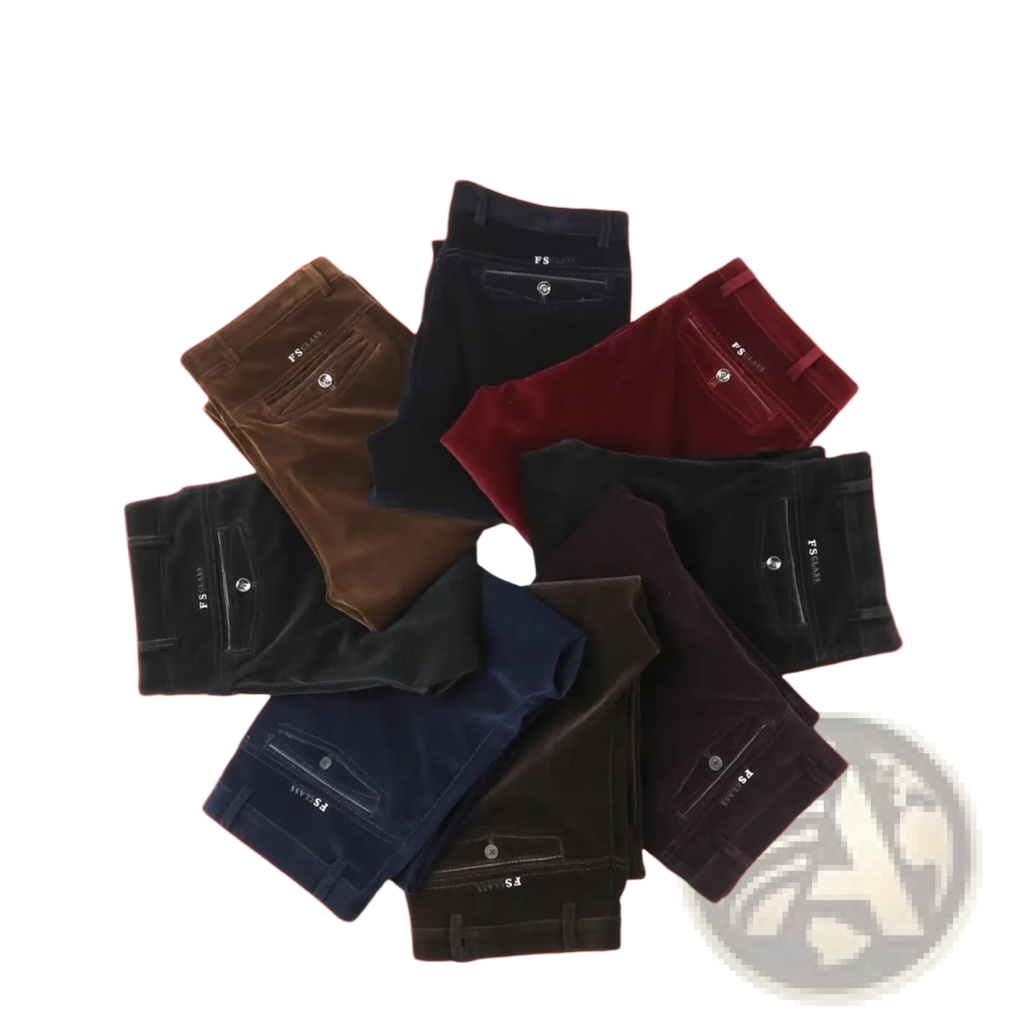 A collection of men’s thermal fleece corduroy straight trousers in brown black navy blue and burgundy colors