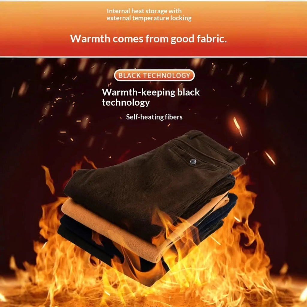 Stack of dark corduroy men’s thermal fleece trousers with self-heating fibers for internal heat storage and warmth
