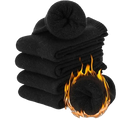 Men’s thermal fleece winter socks 5 pack in black plush fabric with one pair rolled and another depicted with flames for warmth