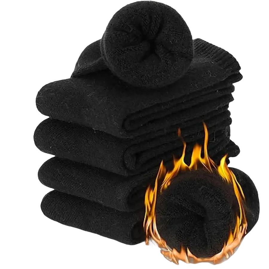 Men’s thermal fleece winter socks 5 pack in black plush fabric with one pair rolled and another depicted with flames for warmth