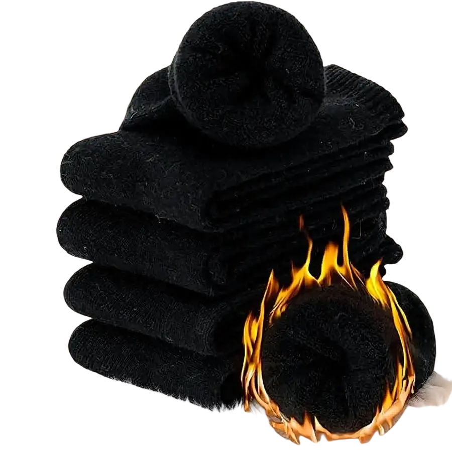 Men’s black thermal fleece winter socks 5 pack stacked with flame graphic emphasizing warmth and plush lining