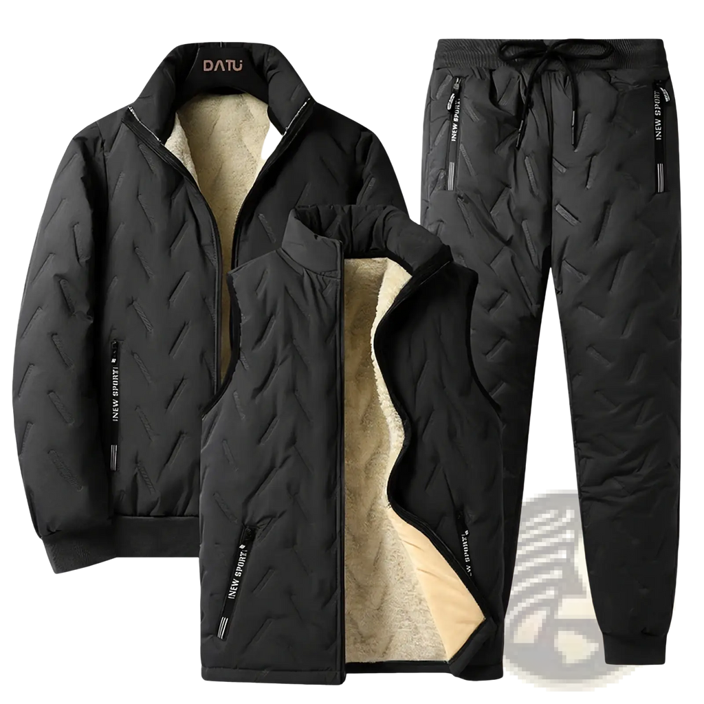 Men’s black thermal quilted three-piece winter suit featuring plush beige fleece lining for cold weather use