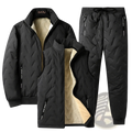 Men’s black thermal quilted three-piece winter suit featuring plush beige fleece lining for cold weather use