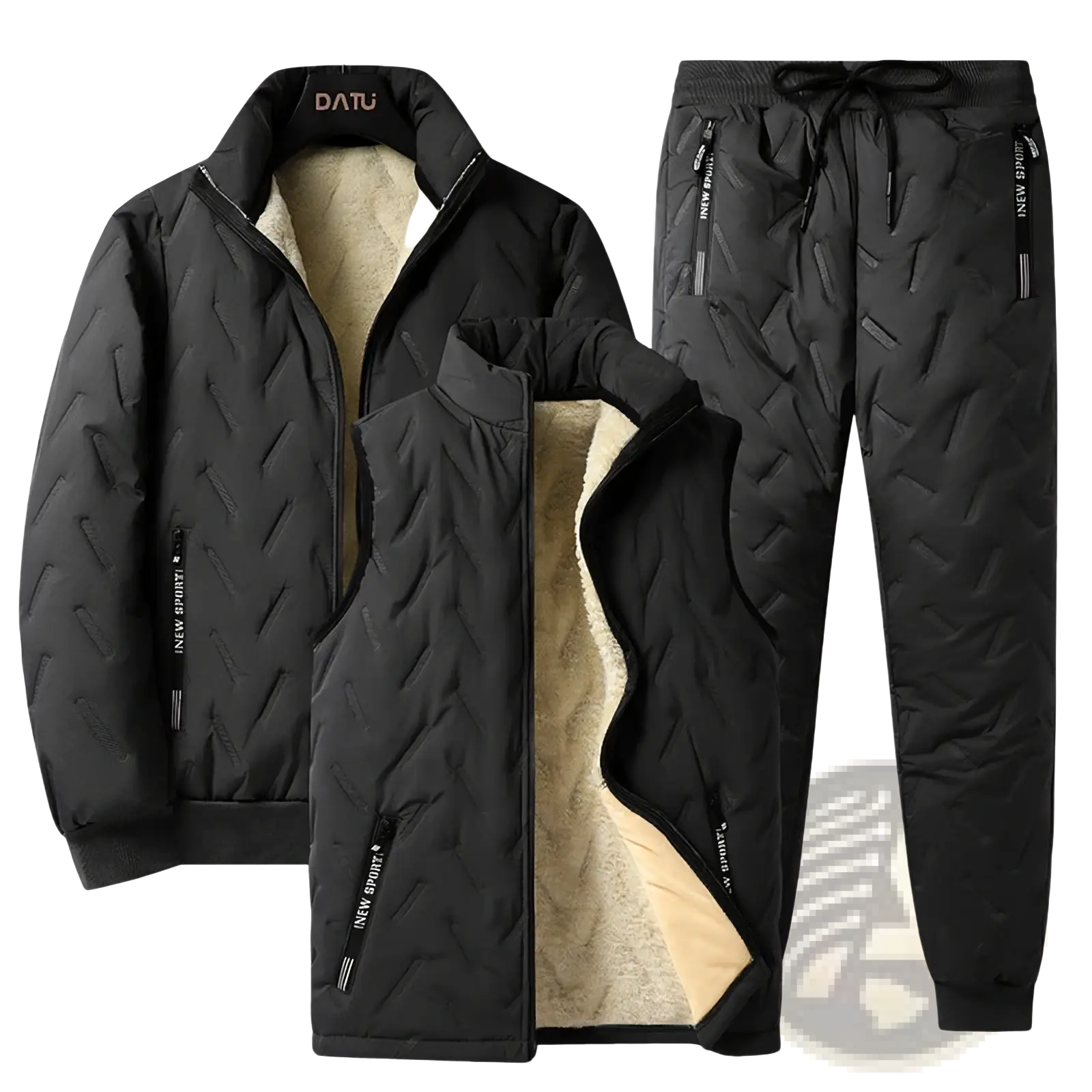 Men’s black thermal quilted three-piece winter suit featuring plush beige fleece lining for cold weather use