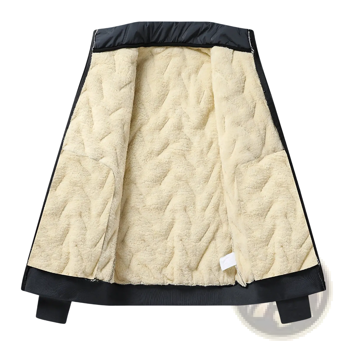 Men’s thermal quilted winter jacket in black and cream with plush fleece interior for cold weather use