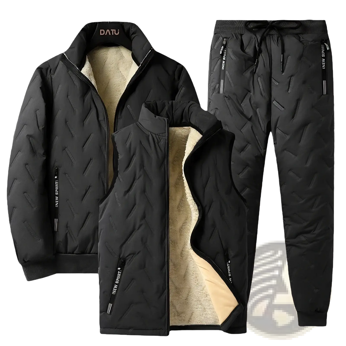Men’s thermal quilted three-piece winter suit in black with matching pants and plush beige fleece lining