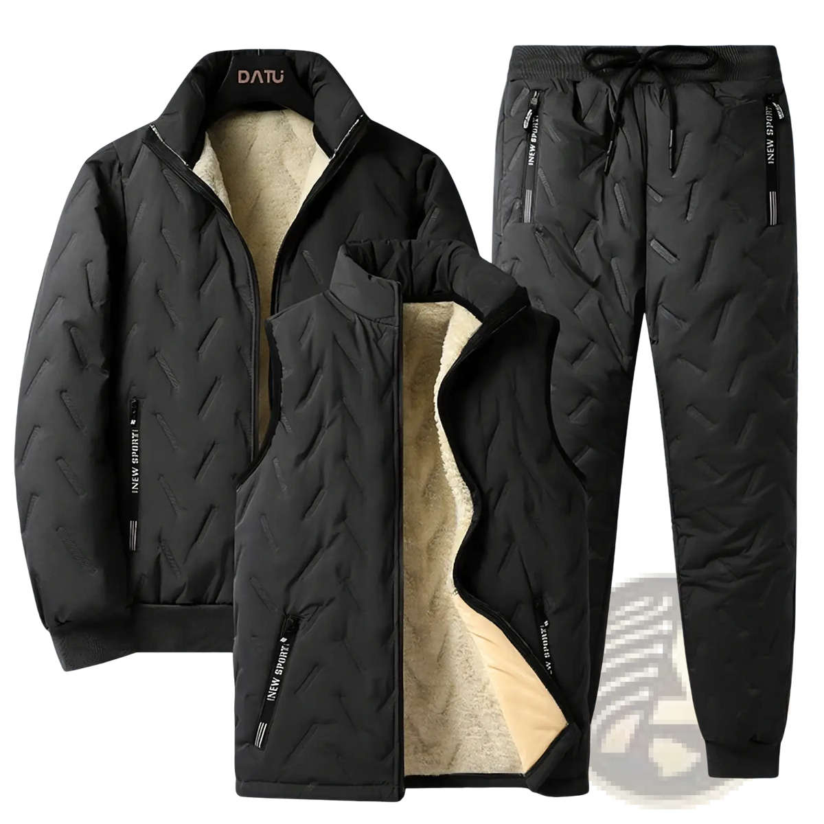 Men’s thermal quilted three-piece winter suit in black with beige fleece lining and new sport branding on zippers