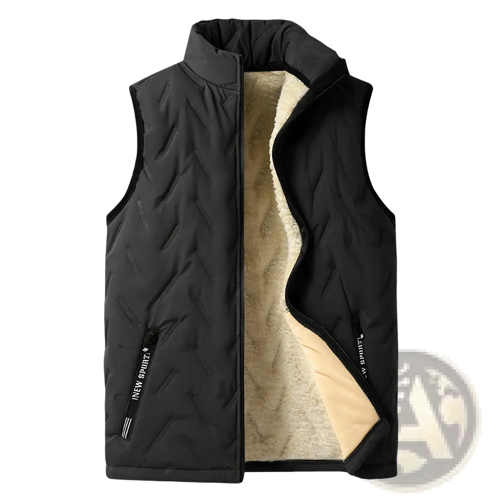 Men’s thermal quilted black vest with plush beige fleece lining and innew sport branding on side pockets for winter wear
