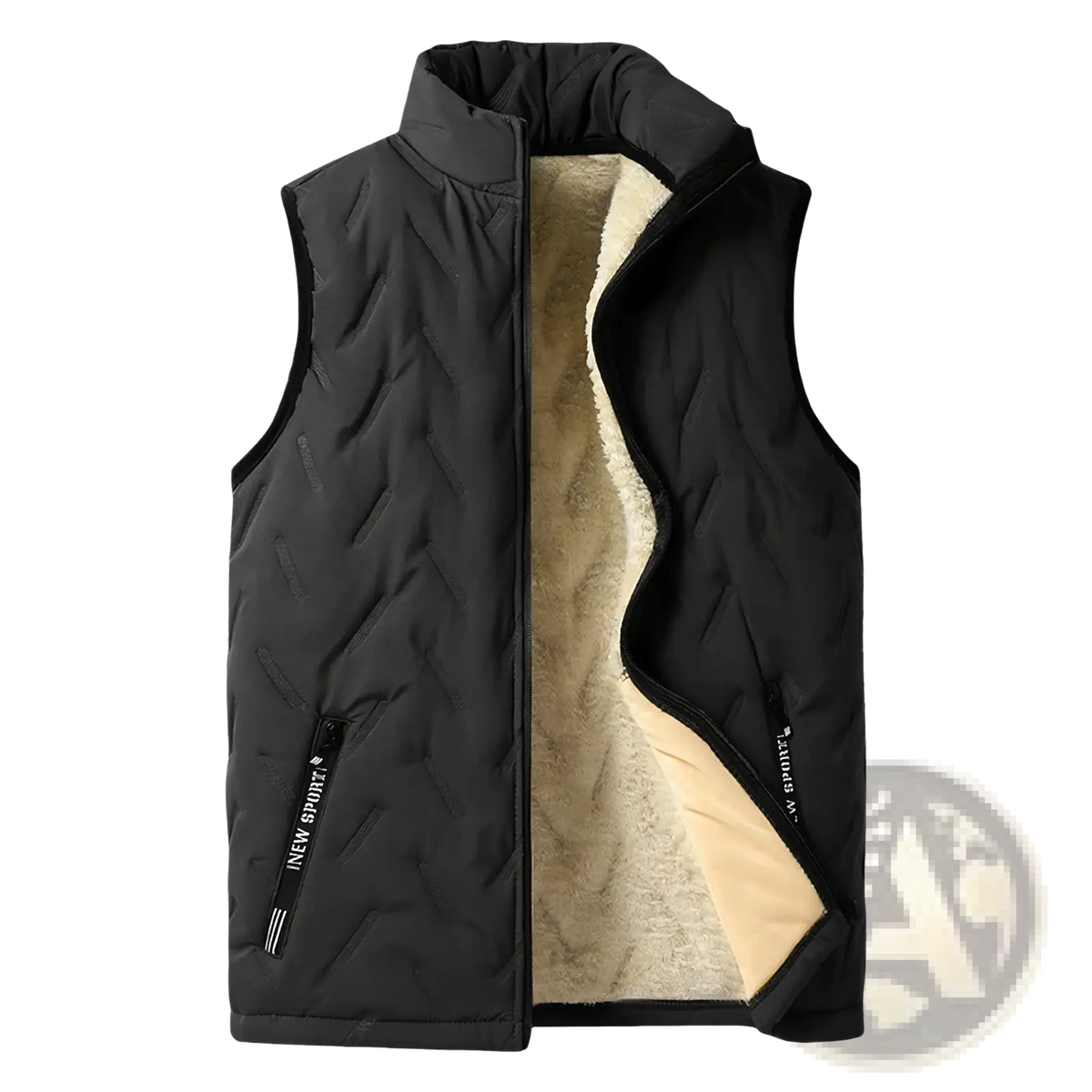 Men’s thermal quilted black vest with plush beige fleece lining and innew sport branding on side pockets for winter wear