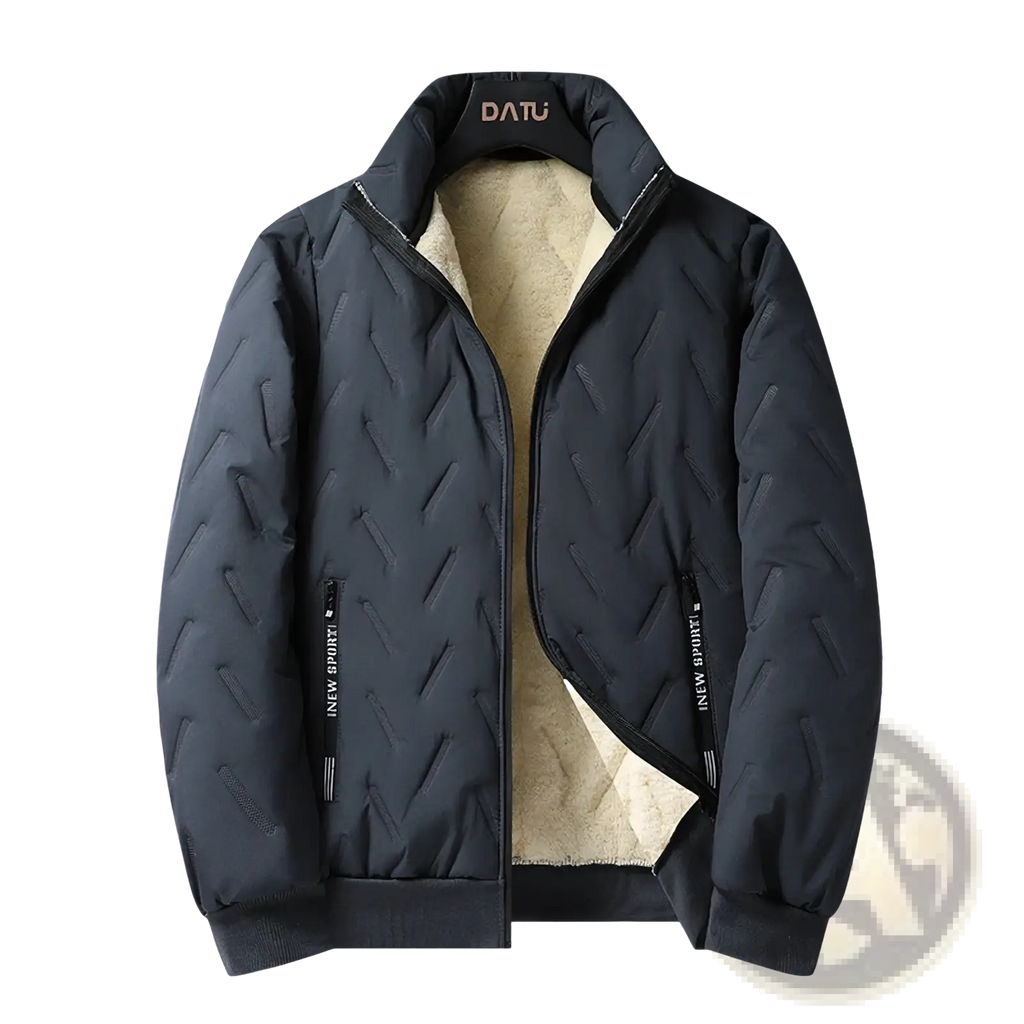 Men’s thermal quilted dark gray jacket with plush beige fleece lining and innew sport zipper pulls for winter use