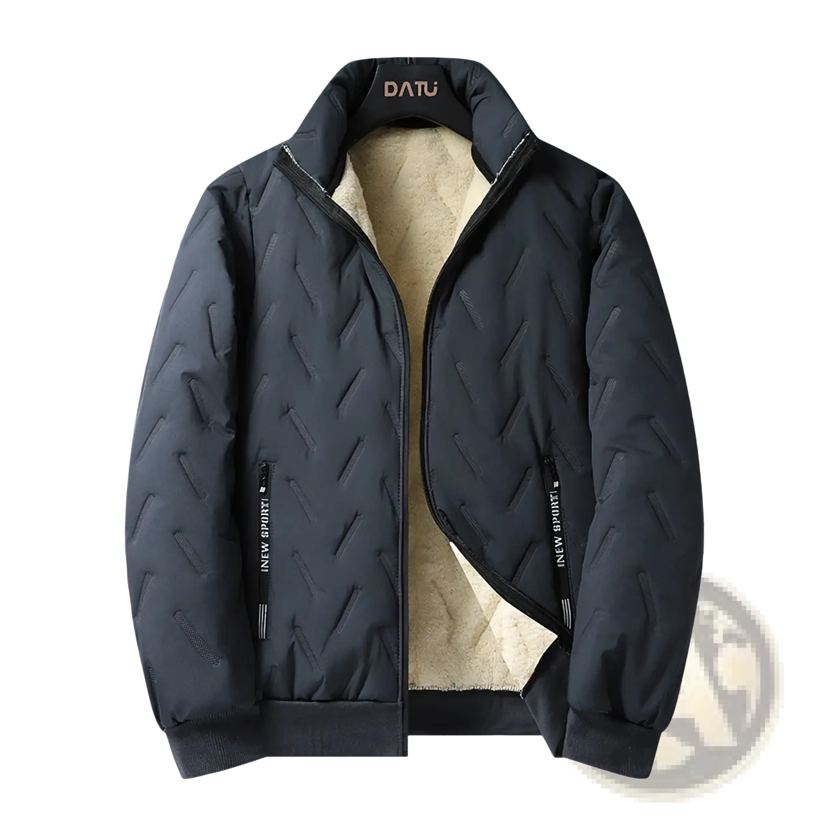 Men’s thermal quilted dark gray jacket with plush beige fleece lining and innew sport zipper pulls for winter use