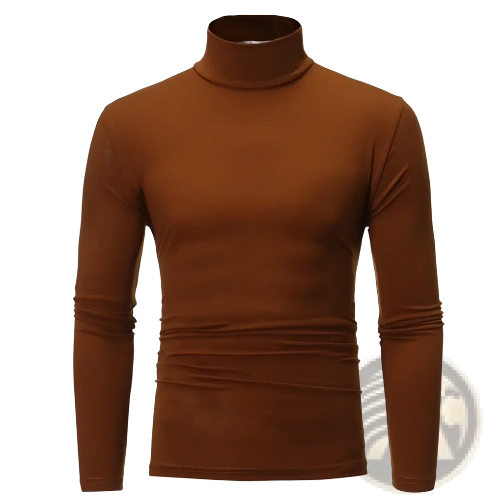 Men’s slim fit thermal turtleneck long sleeve shirt in brown with smooth stretchy fabric and ribbed cuff detailing