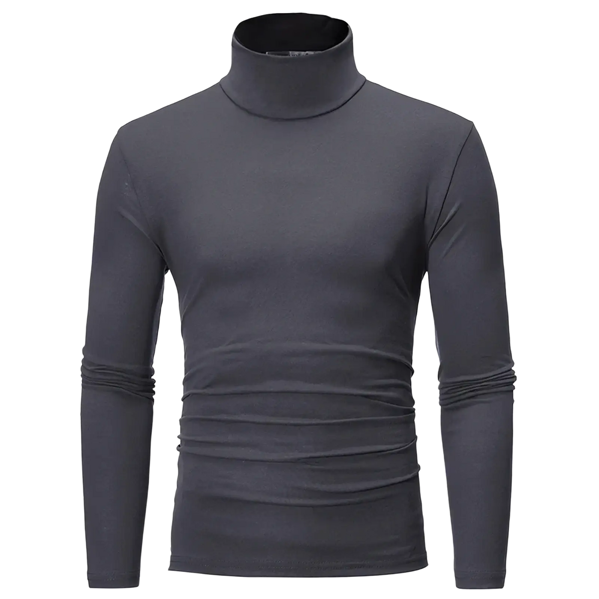 Men’s dark gray thermal turtleneck slim fit long sleeve shirt with subtle ruching at waist and cuffs