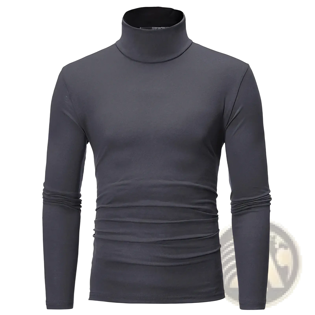 Men’s dark gray thermal turtleneck slim fit long sleeve shirt with subtle ruching at waist and cuffs