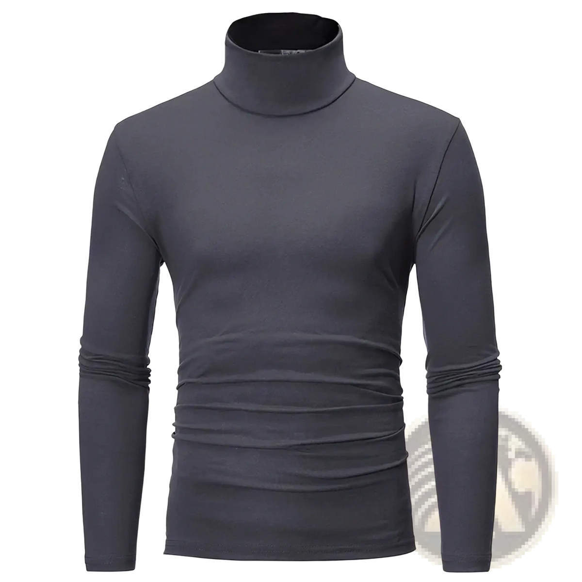 Men’s dark gray thermal turtleneck slim fit long sleeve shirt with subtle ruching at waist and cuffs
