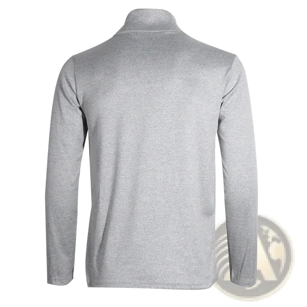 A heather gray men’s thermal turtleneck slim fit long sleeve shirt with a soft textured quarter-zip pullover design