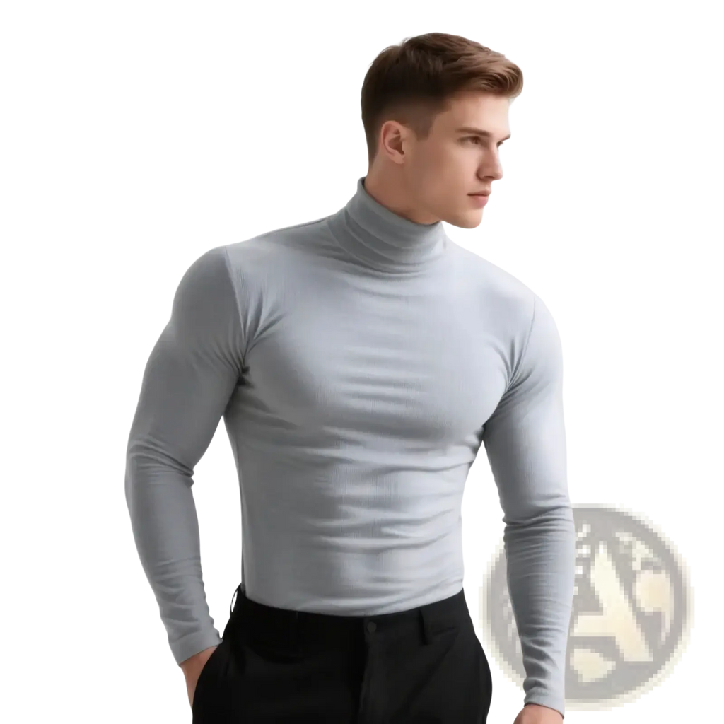 Men’s thermal turtleneck slim fit long sleeve shirt in light gray ribbed knit for warmth and style
