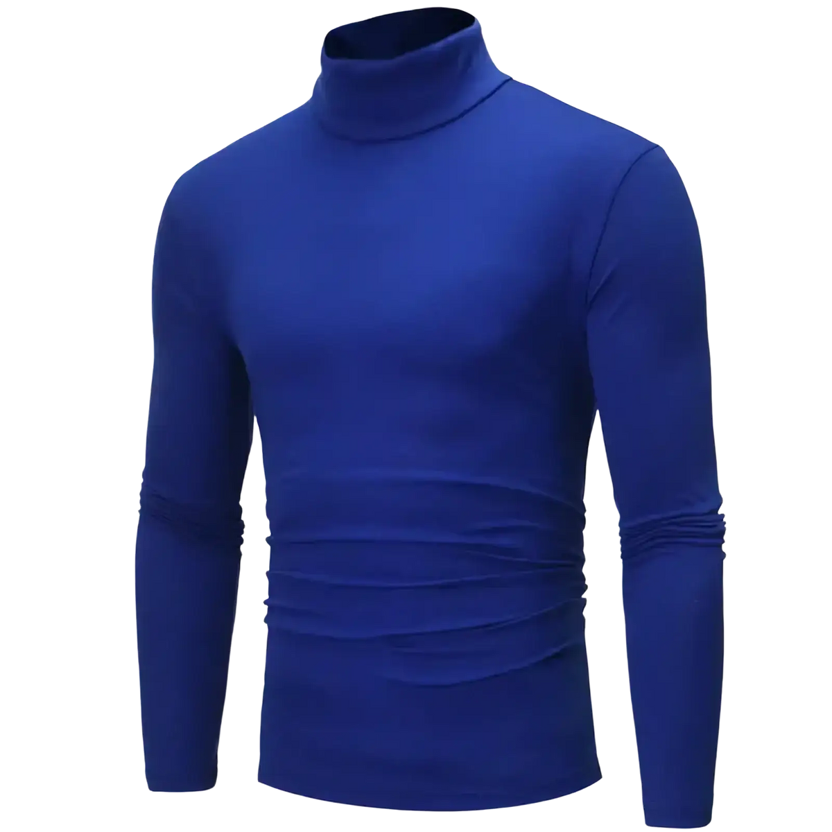 A sleek royal blue thermal turtleneck slim fit long sleeve shirt with smooth fabric and subtle torso ruching