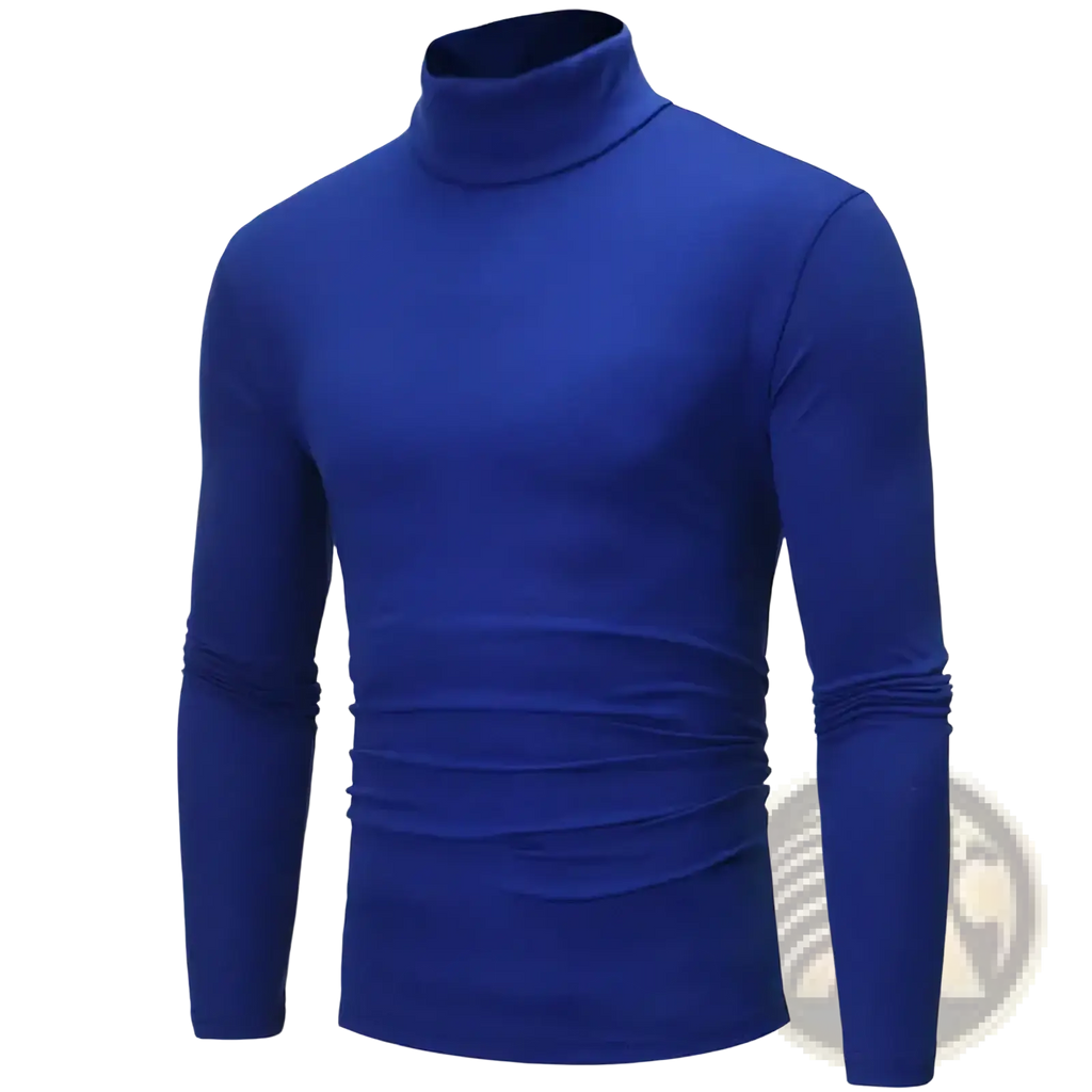 Men’s thermal royal blue slim fit long sleeve turtleneck sweater with subtle ruching for warmth and style