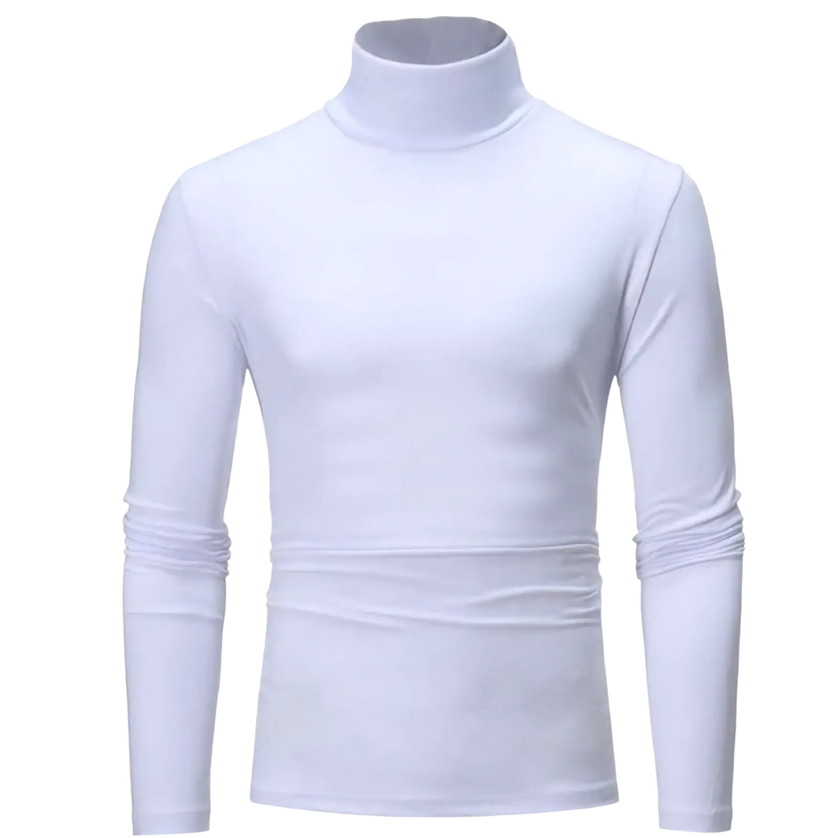 Men’s white thermal turtleneck slim fit shirt with long sleeves and subtle horizontal pleats at the waist