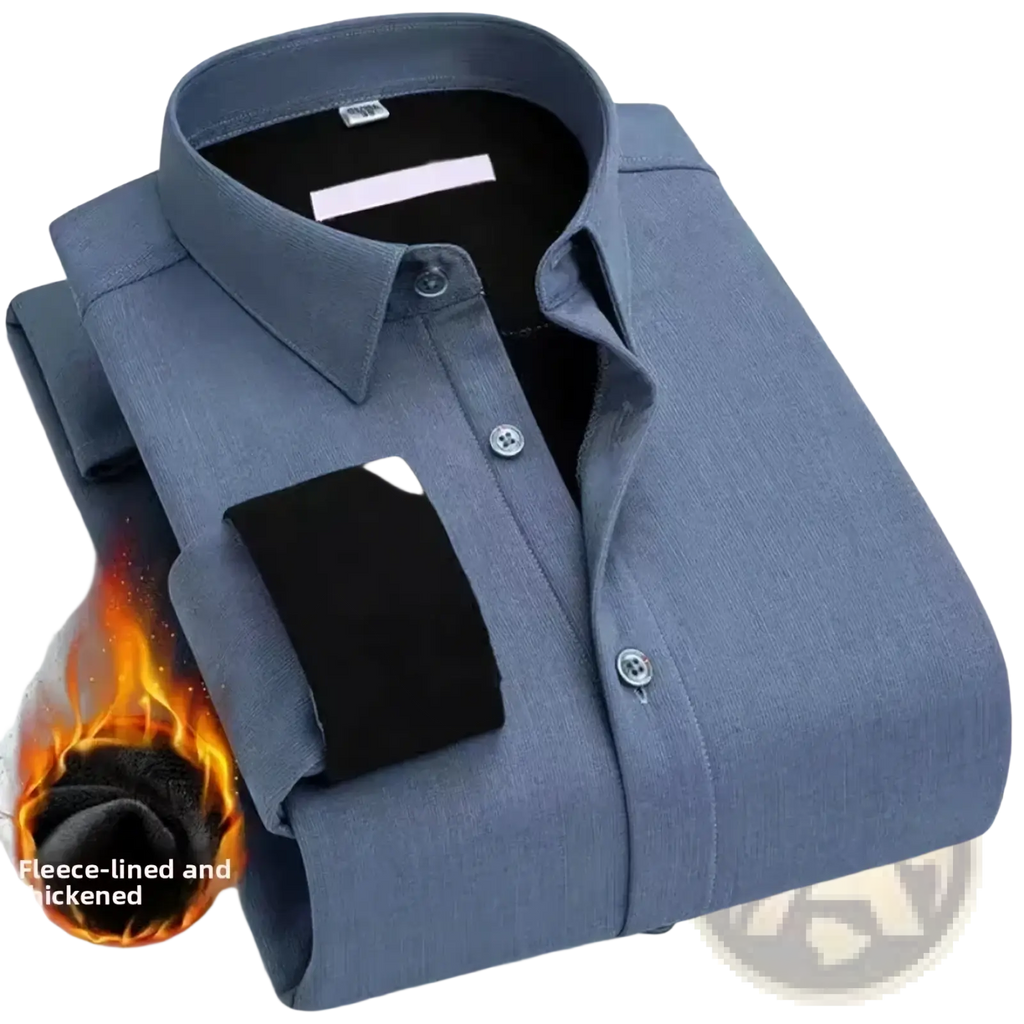 Mens thermal velvet dress shirt in blue with black fleece-lined interior, reinforced cuffs, classic collar, and subtle texture
