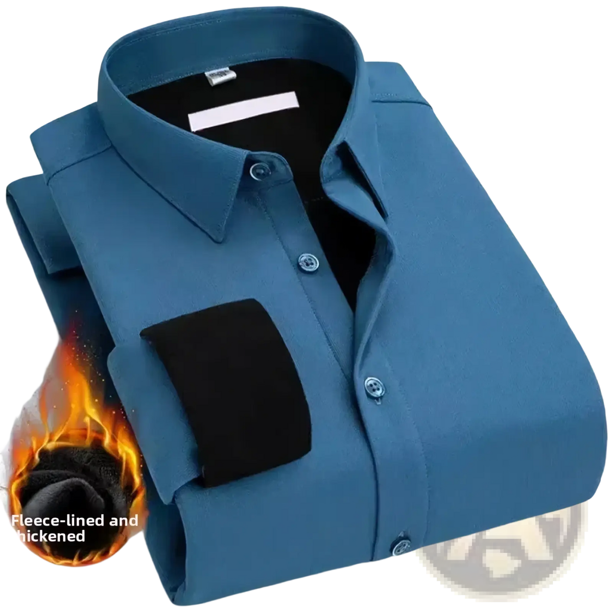 Mens thermal velvet dress shirt in blue with black fleece-lined interior and cuffs, classic collar, and matching buttons