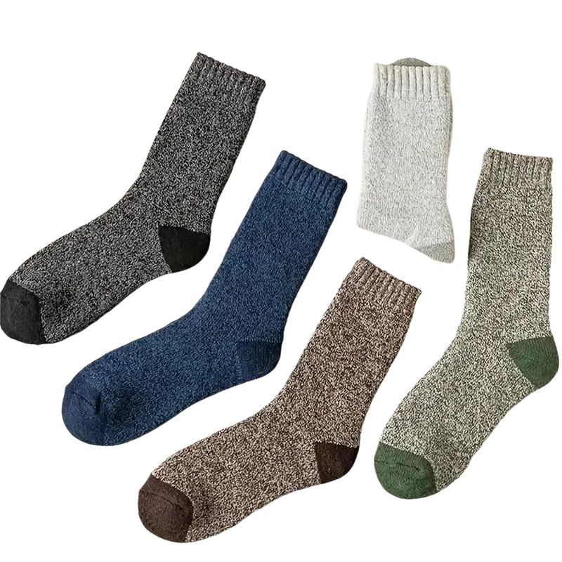 Five pairs of men’s thermal winter socks in cozy knit with muted tones and contrasting toe and heel accents
