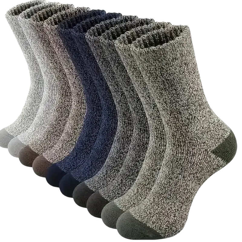 Five pairs of men’s thermal winter socks in cozy textured knit with reinforced toe and heel in earthy tones