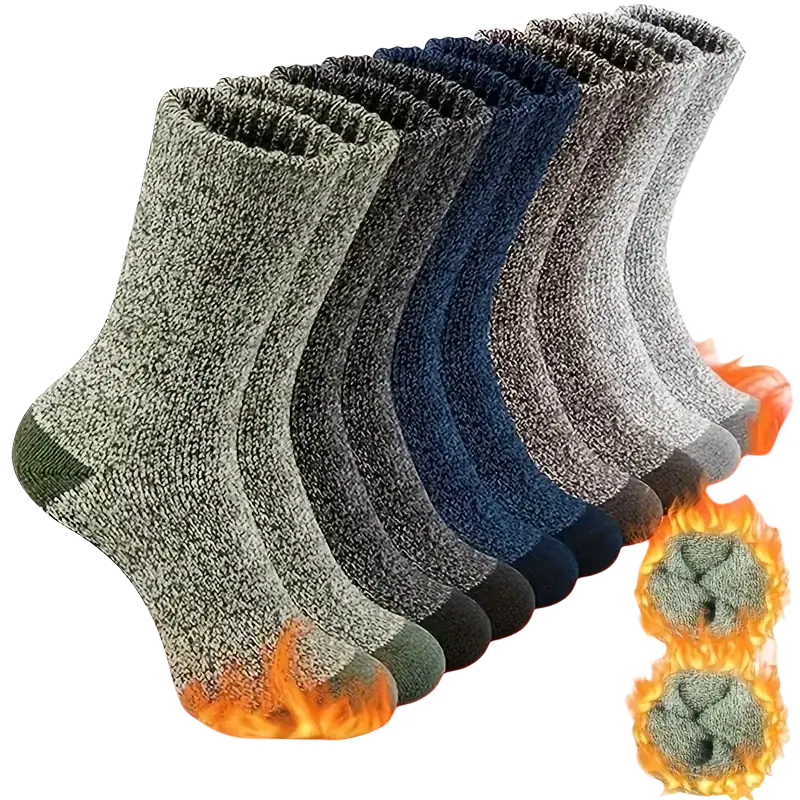 Five pairs of men’s thermal winter socks in cozy knit heathered gray and navy with solid-colored toe caps