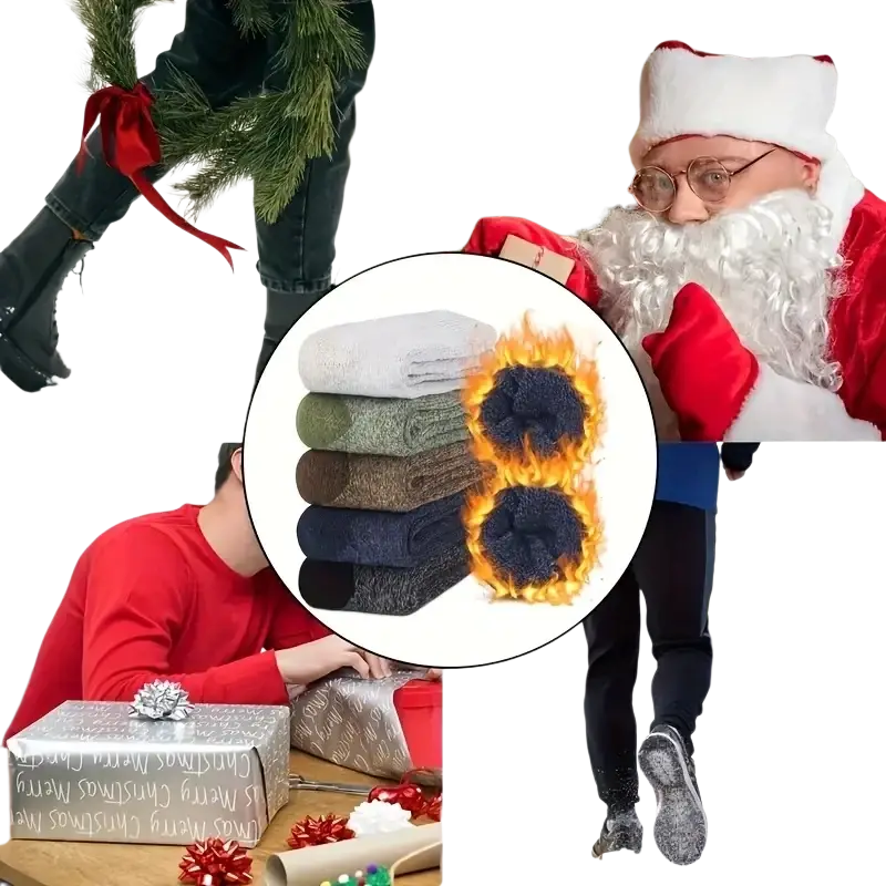 Stack of men’s thermal winter socks in earthy tones featuring thick insulating fleece lining for cold weather use