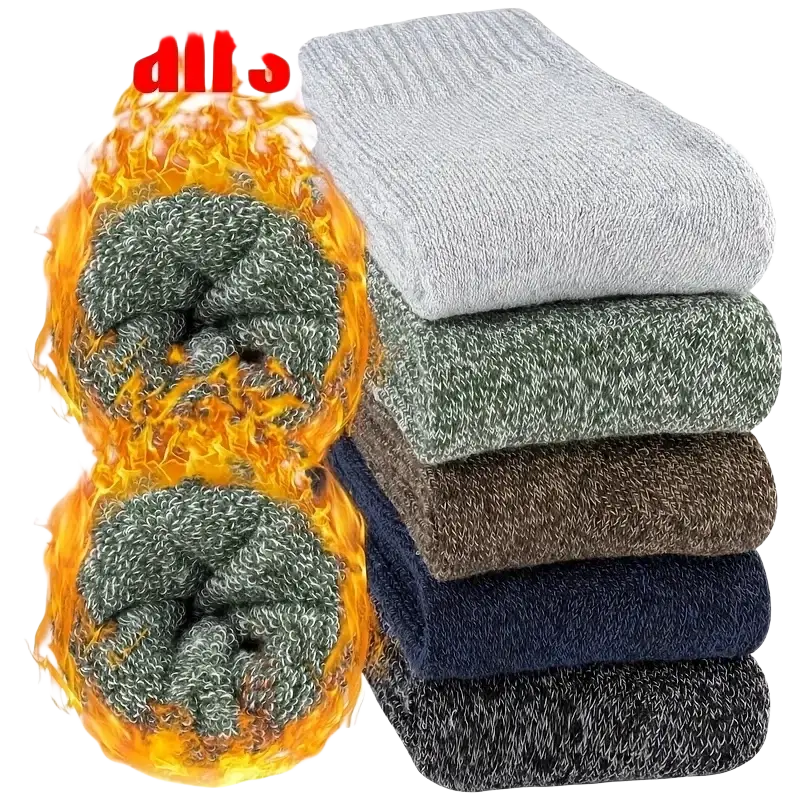 Stack of five pairs of men’s thermal winter socks in cozy textured knit and assorted neutral tones including gray and navy
