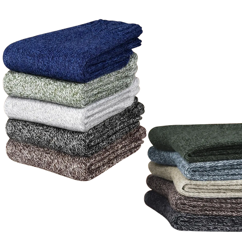 Stack of folded men’s thermal winter wool socks 5-pack in navy blue gray black and brown for size 39-44