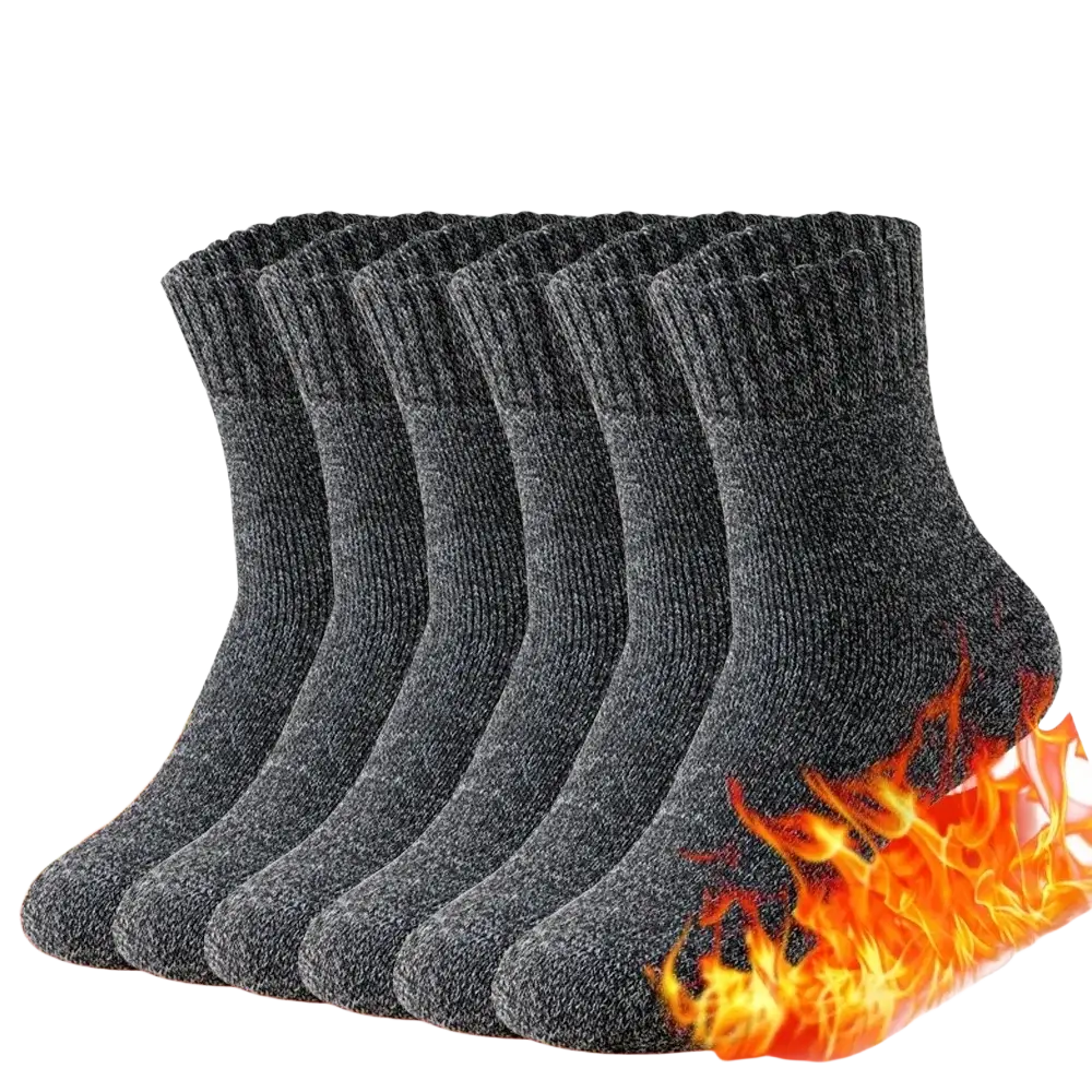 Three pairs of dark gray ribbed-knit men’s thermal winter wool socks size 39-44 with flame graphic at the bottom