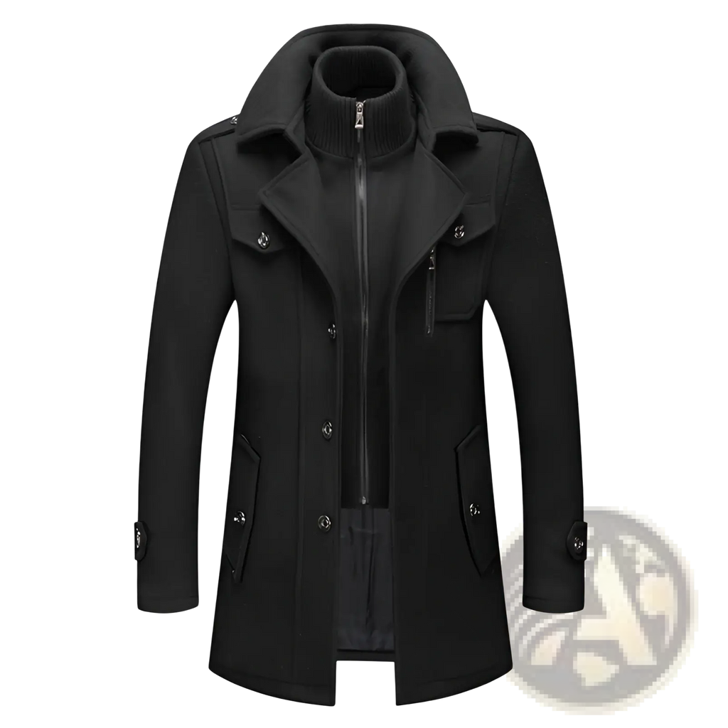 Black woolen trench coat with high collar and front zipper men thermal woolen jacket for cold weather use