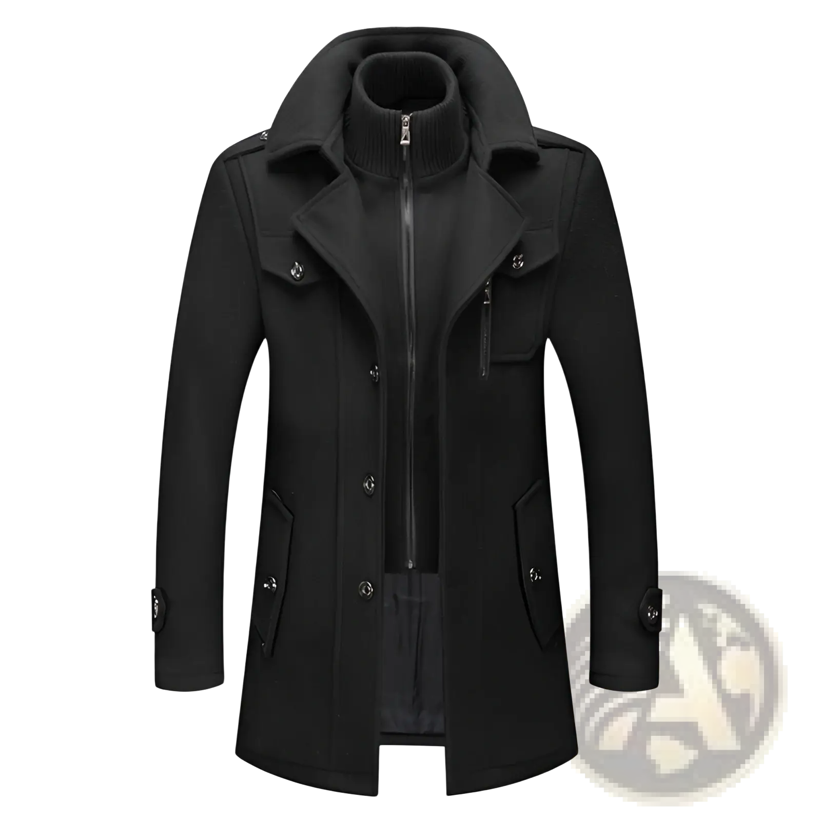 Black woolen trench coat with high collar and front zipper men thermal woolen jacket for cold weather use