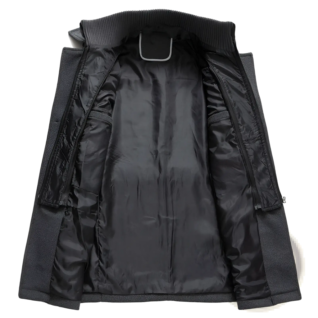 Men’s thermal woolen jacket in black featuring quilted design with ribbed collar and inner lining for winter warmth