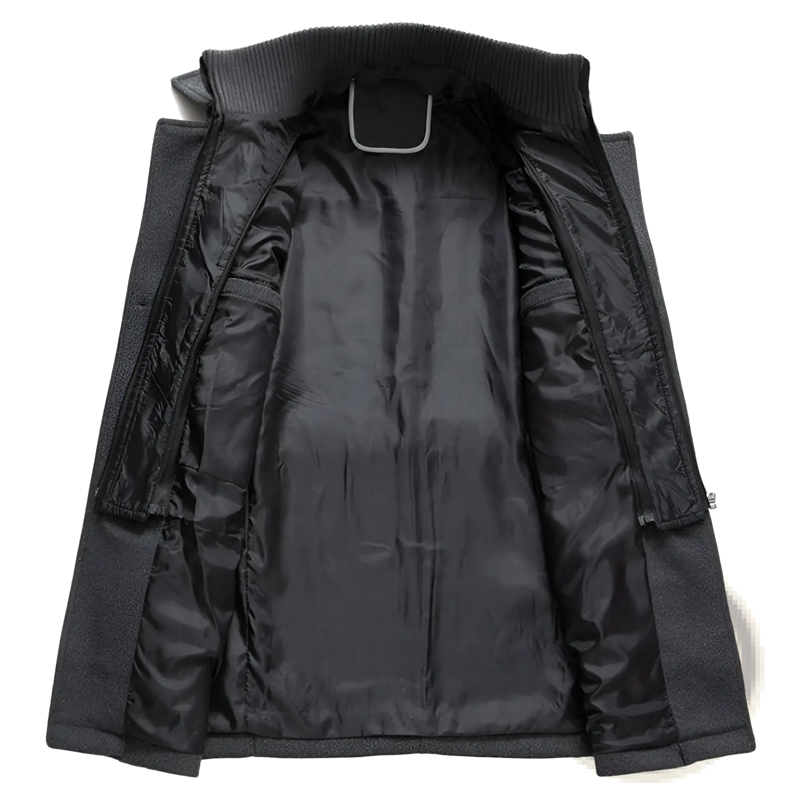Men’s thermal woolen jacket in black featuring quilted design with ribbed collar and inner lining for winter warmth