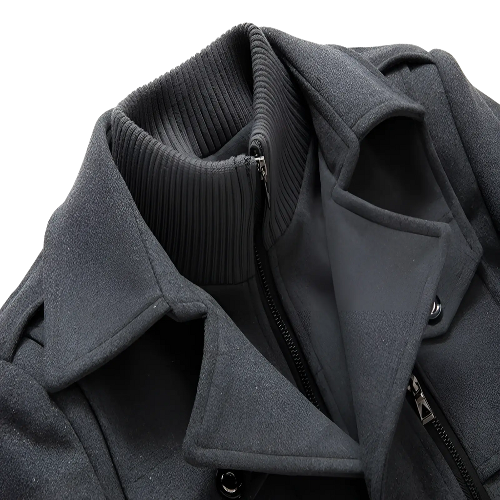 Men’s thermal woolen jacket in dark gray with ribbed collar and zipper details for cold weather wear