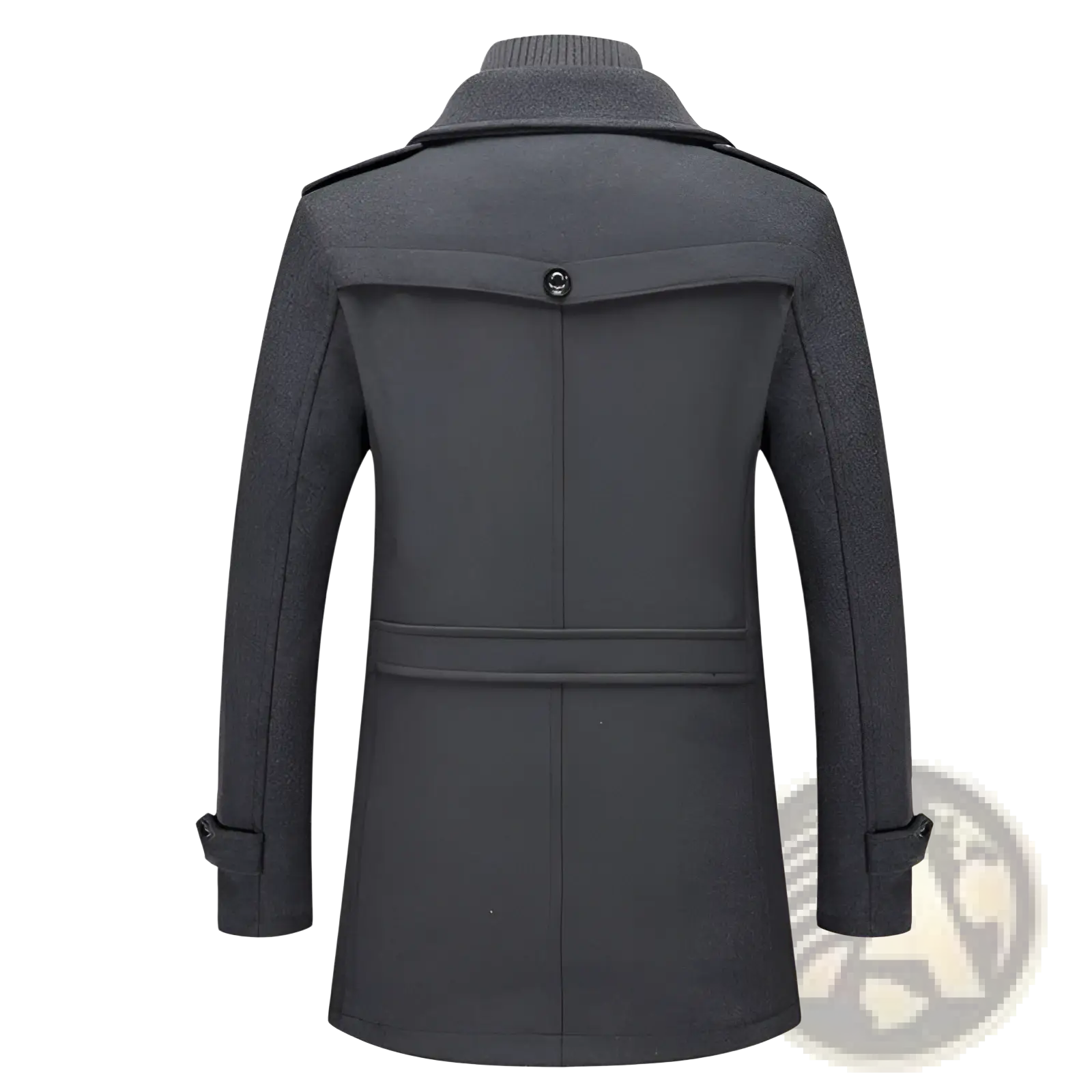 Men’s dark gray thermal woolen jacket with high collar and buttoned flap pockets for cold weather