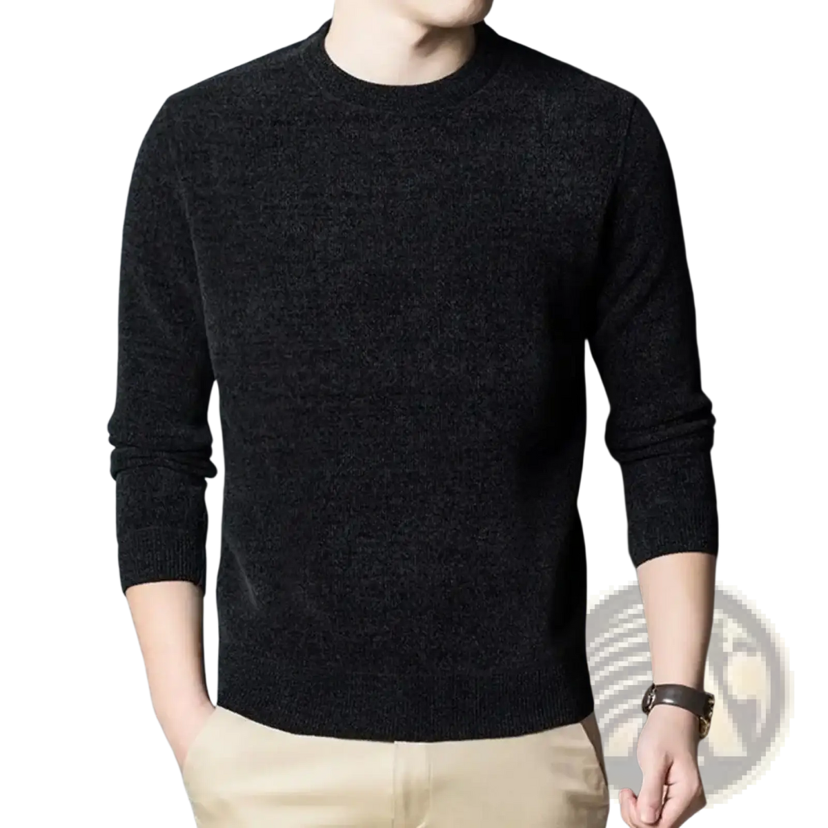 Men’s black thick knit crew neck sweater with ribbed cuffs and hem ideal for casual winter wear