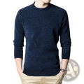Men’s thick knit crew neck casual winter sweater in dark blue with textured knit pattern and ribbed cuffs