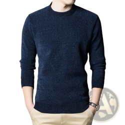 Men’s thick knit crew neck casual winter sweater in dark blue with textured knit pattern and ribbed cuffs