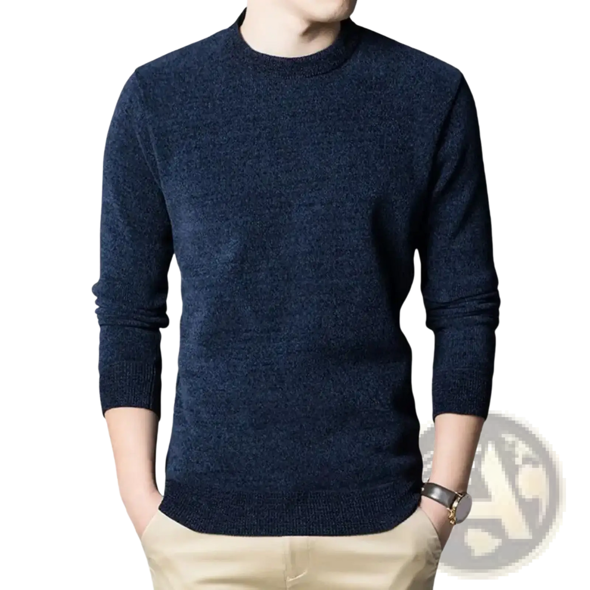 Men’s thick knit crew neck casual winter sweater in dark blue with textured knit pattern and ribbed cuffs