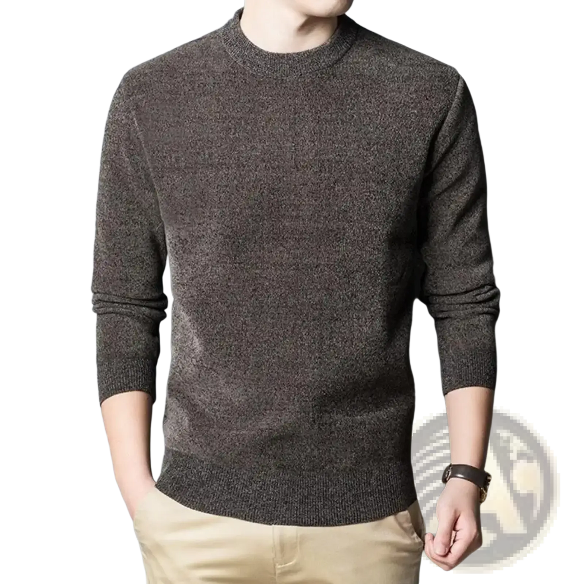 Men’s thick knit dark gray sweater with crew neck ribbed cuffs textured casual winter wear