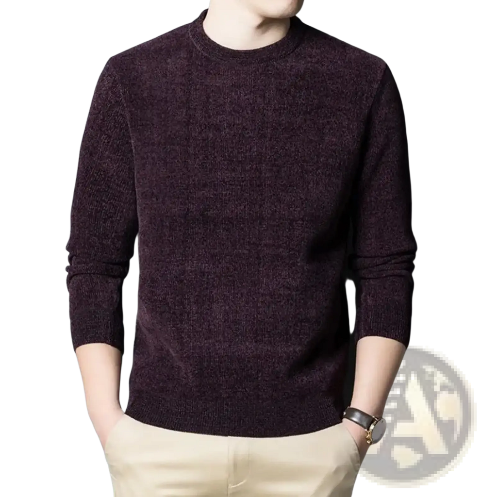 Men’s thick knit crew neck casual winter sweater in dark maroon with textured knit and long sleeves