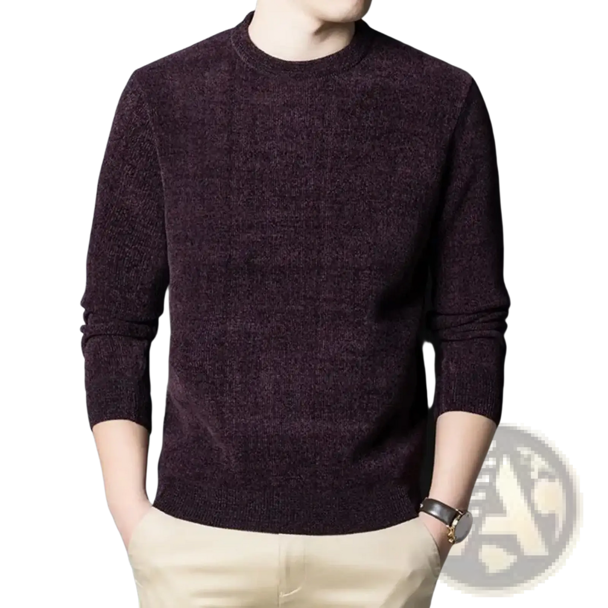 Men’s thick knit crew neck casual winter sweater in dark maroon with textured knit and long sleeves