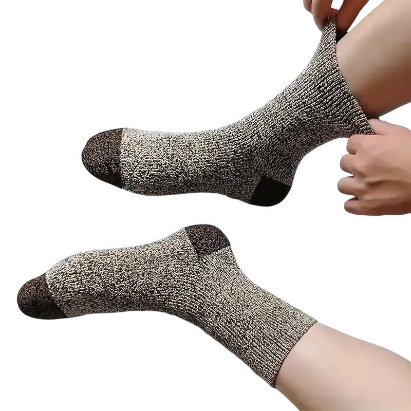 Men’s thick merino wool thermal hiking socks in brown and beige marled knit with reinforced dark brown toe and heel