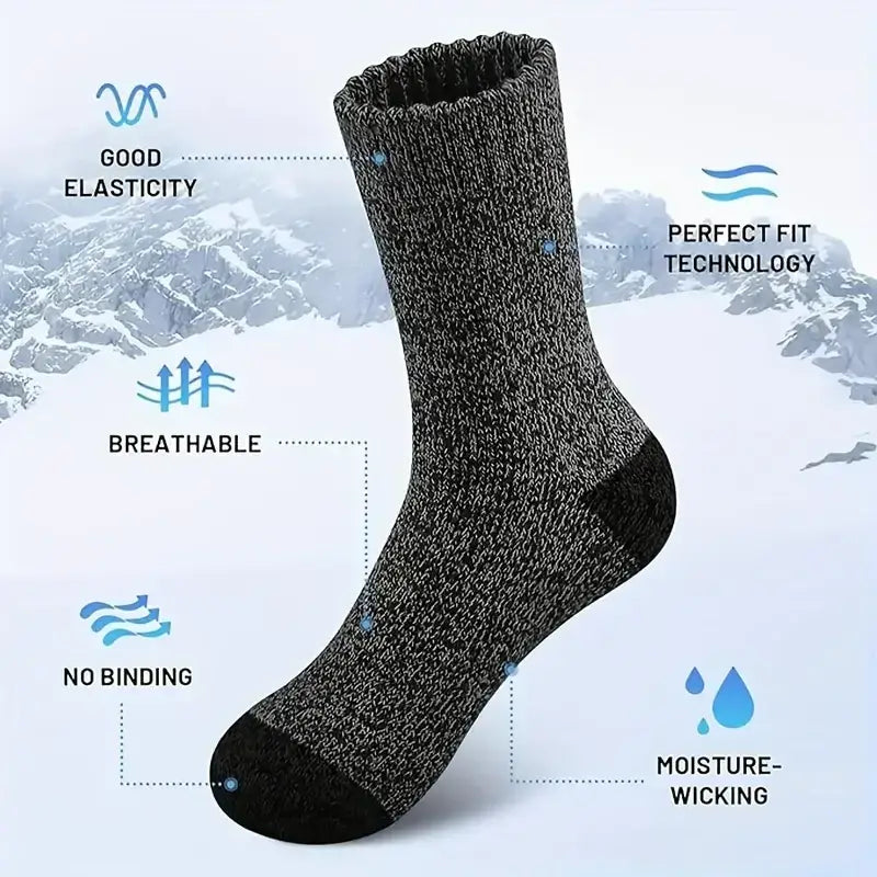 Men’s thick merino wool thermal hiking sock in dark gray and black speckled knit with reinforced toe and heel